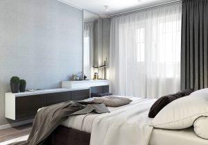 low lying cabinetry contemporary apartment bedroom 300x209 - GIẢI PHÁP CĂN HỘ MỘT PHÒNG NGỦ - CĂN HỘ TRỞ NÊN RỘNG HƠN