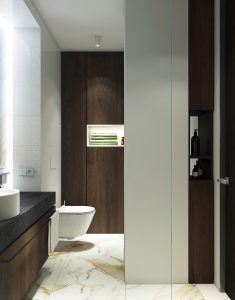 wood accent bathroom marbled floor 235x300 - GIẢI PHÁP CĂN HỘ MỘT PHÒNG NGỦ - CĂN HỘ TRỞ NÊN RỘNG HƠN